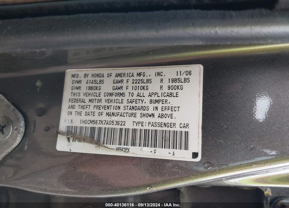 2007 HONDA ACCORD 2.4 EX VIN: 1HGCM567X7A053622