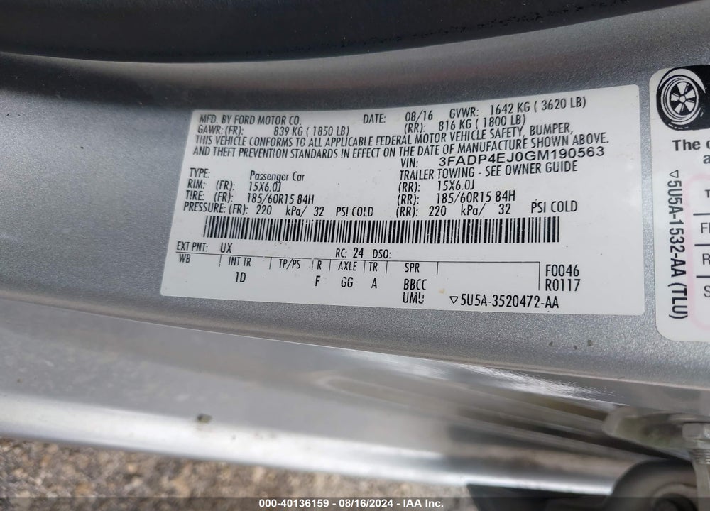 2016 FORD FIESTA SE VIN: 3FADP4EJ0GM190563