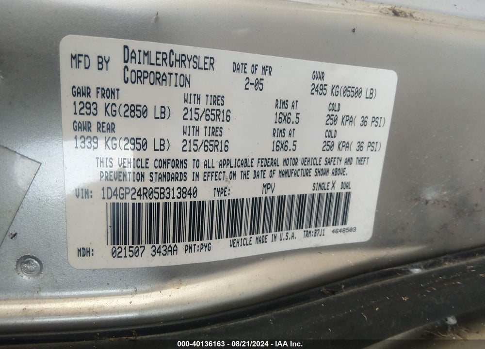 2005 DODGE GRAND CARAVAN SE VIN: 1D4GP24R05B313840
