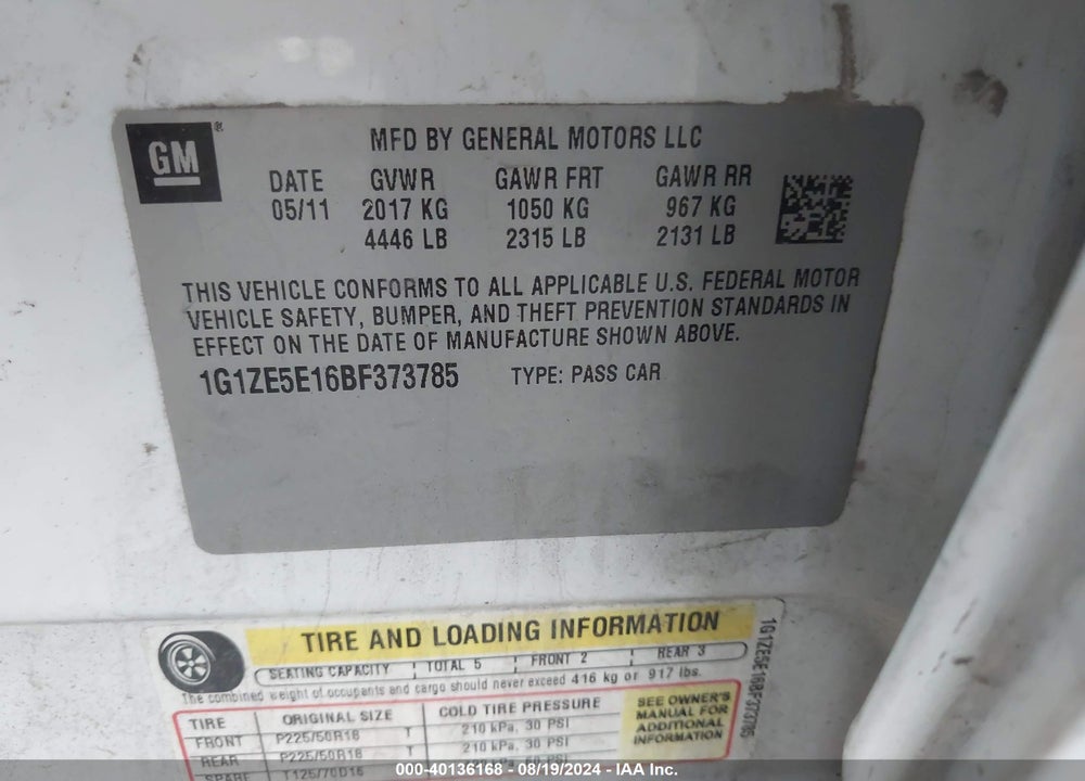 2011 CHEVROLET MALIBU LTZ VIN: 1G1ZE5E16BF373785