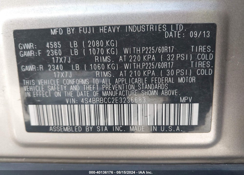 2014 SUBARU OUTBACK 2.5I PREMIUM VIN: 4S4BRBCC2E3236683