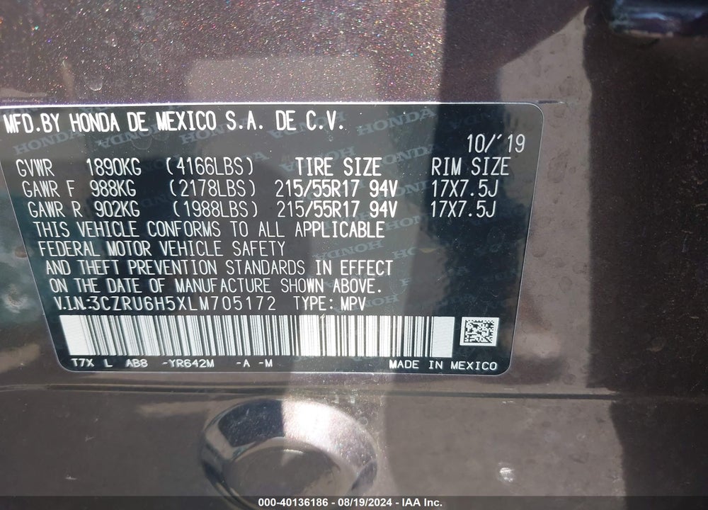 2020 HONDA HR-V AWD EX VIN: 3CZRU6H5XLM705172