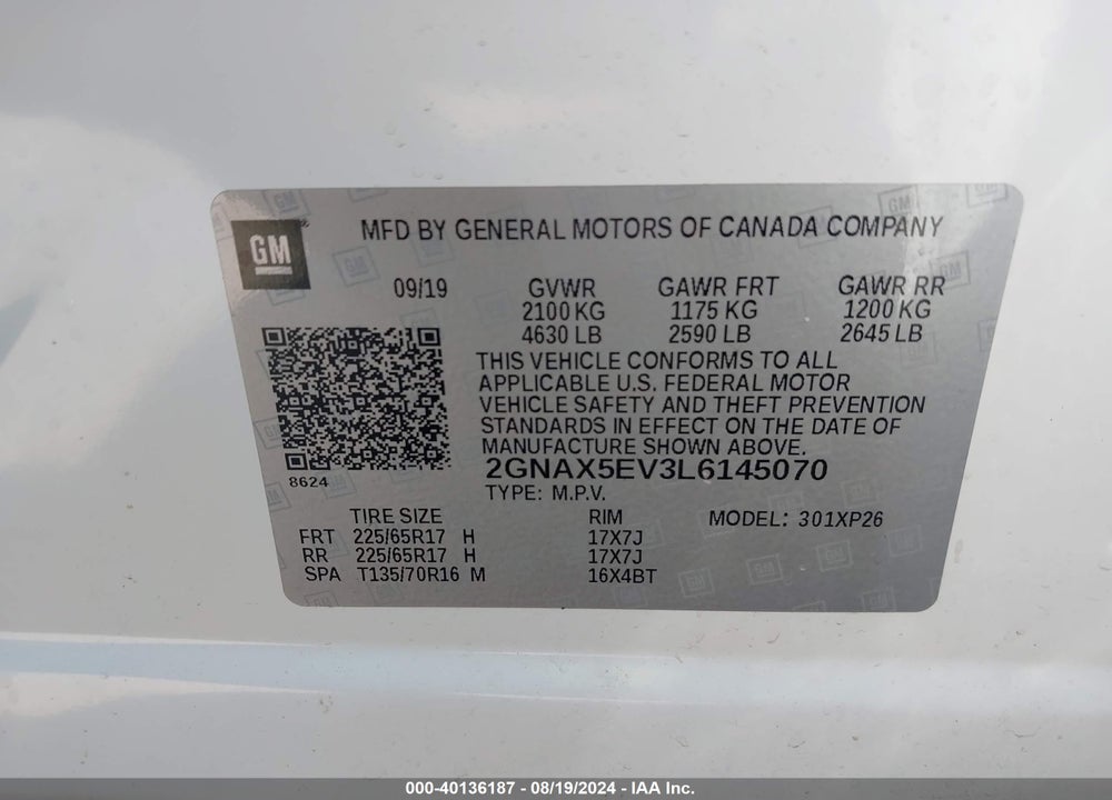 2020 CHEVROLET EQUINOX AWD 1FL VIN: 2GNAX5EV3L6145070