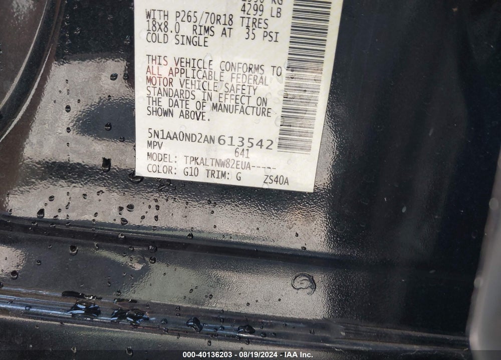 2010 NISSAN ARMADA SE VIN: 5N1AA0ND2AN613542