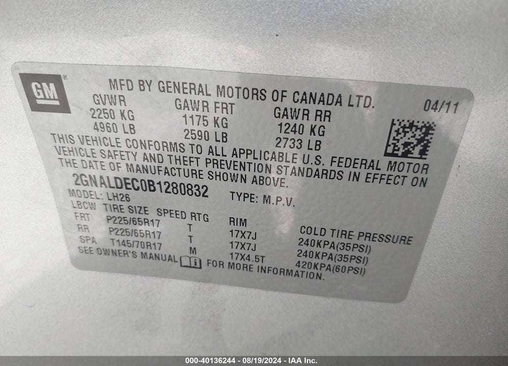 2011 CHEVROLET EQUINOX 1LT VIN: 2GNALDEC0B1280832