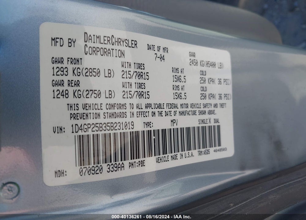 2005 DODGE CARAVAN SE VIN: 1D4GP25B35B231019