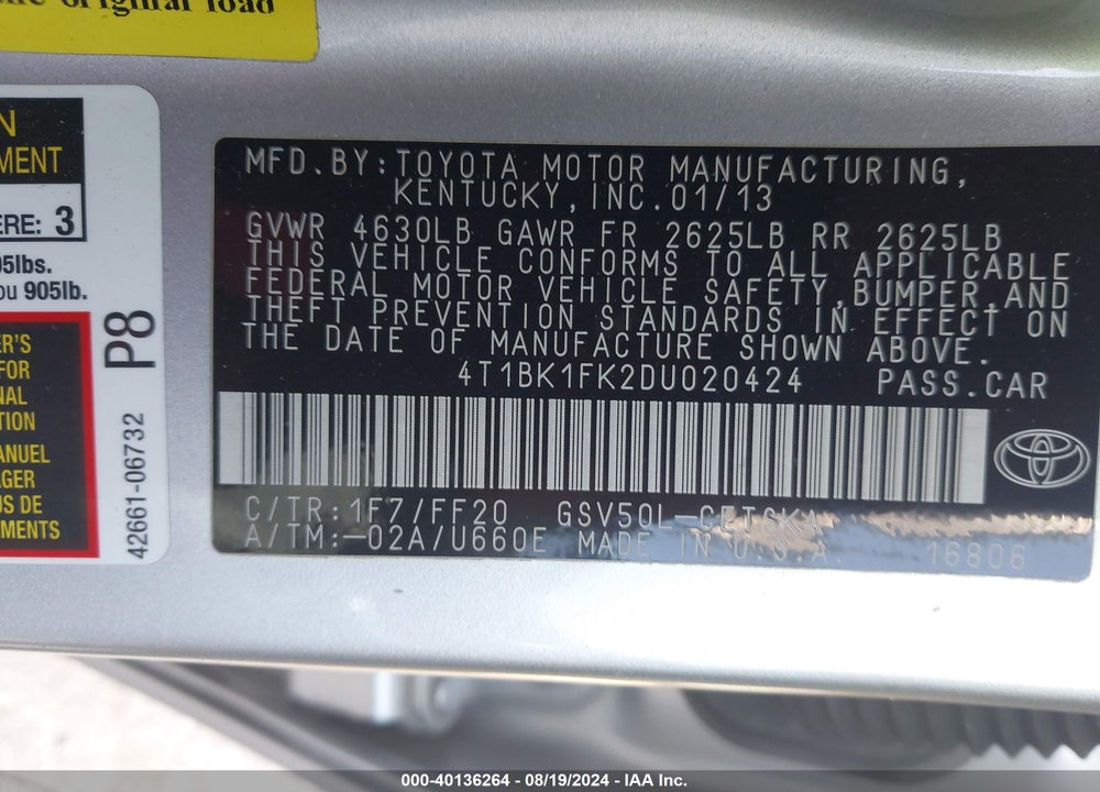 2013 TOYOTA CAMRY SE V6 VIN: 4T1BK1FK2DU020424