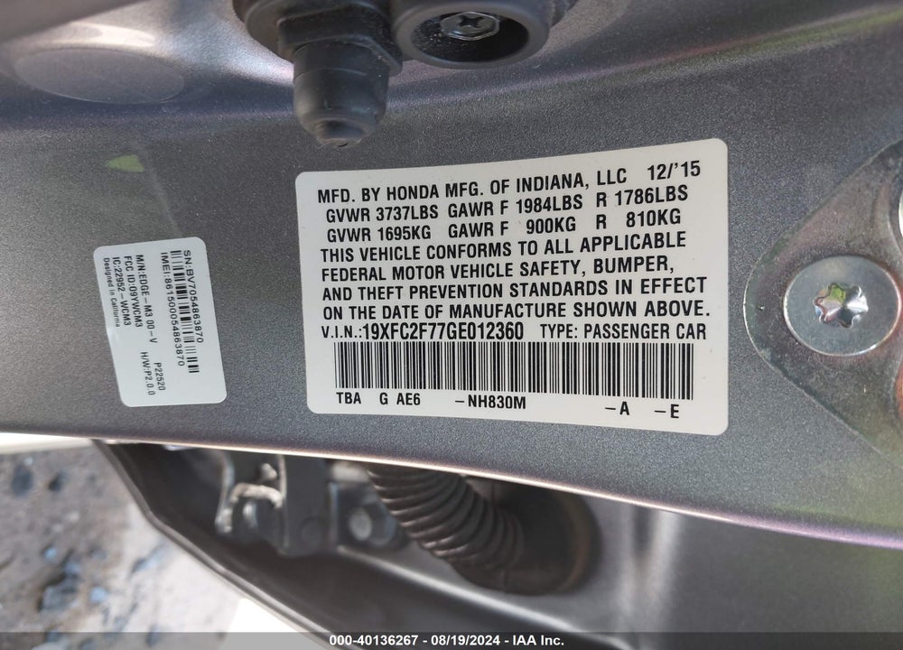 2016 HONDA CIVIC EX VIN: 19XFC2F77GE012360