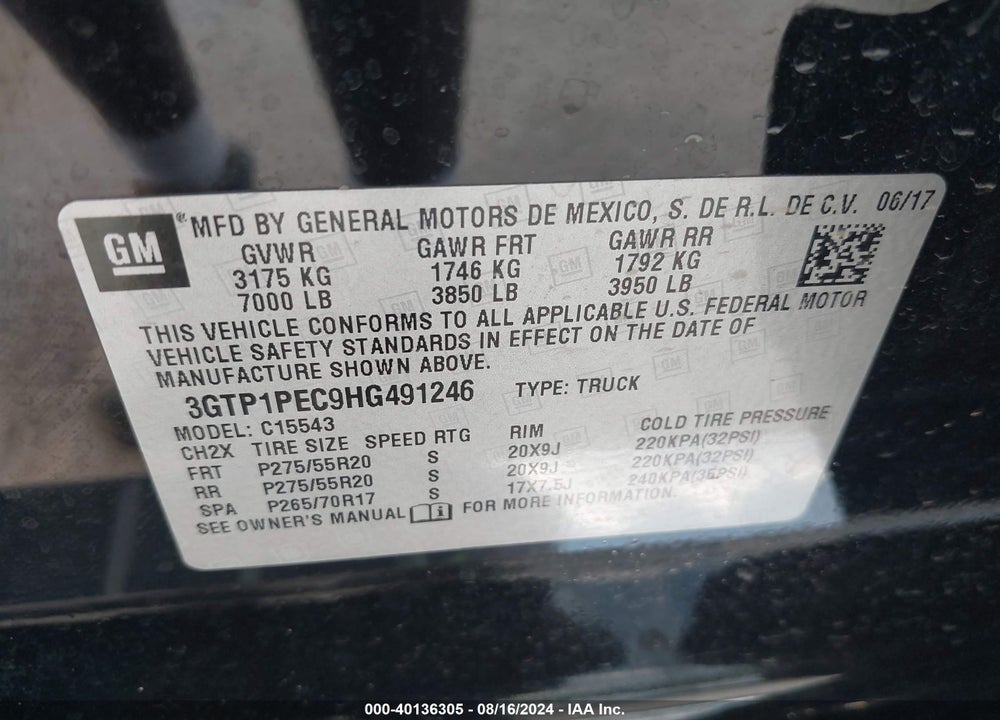 2017 GMC SIERRA 1500 DENALI VIN: 3GTP1PEC9HG491246