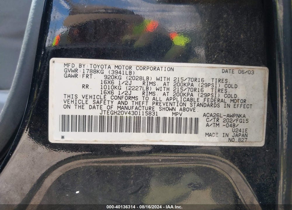 2003 TOYOTA RAV4 VIN: JTEGH20V430115831