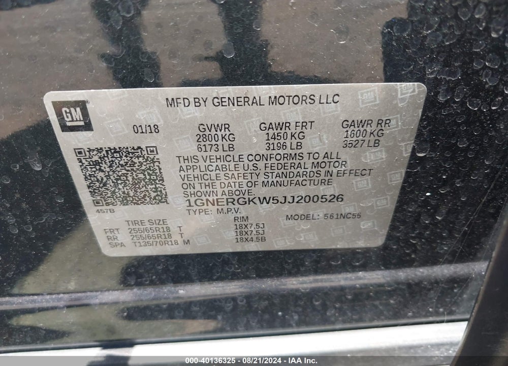 2018 CHEVROLET TRAVERSE 1LT VIN: 1GNERGKW5JJ200526