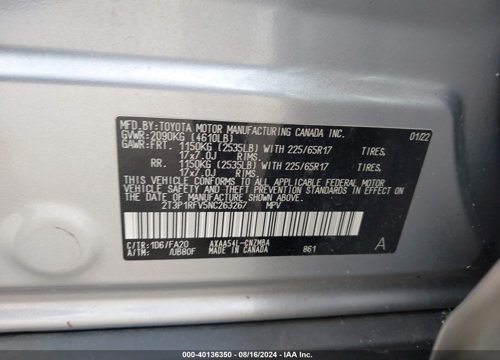 2022 TOYOTA RAV4 XLE VIN: 2T3P1RFV5NC263267