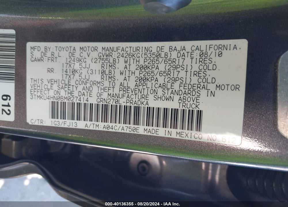 2011 TOYOTA TACOMA PRERUNNER V6 VIN: 3TMKU4HN0BM027414