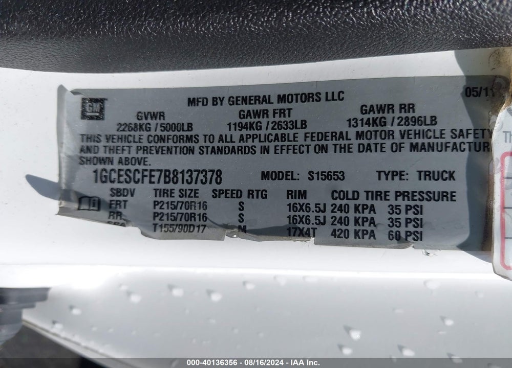 2011 CHEVROLET COLORADO VIN: 1GCESCFE7B8137378