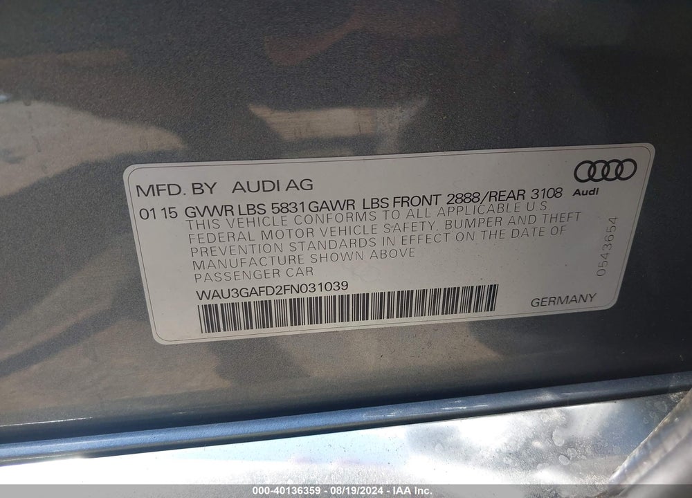 2015 AUDI A8 L 3.0T VIN: WAU3GAFD2FN031039