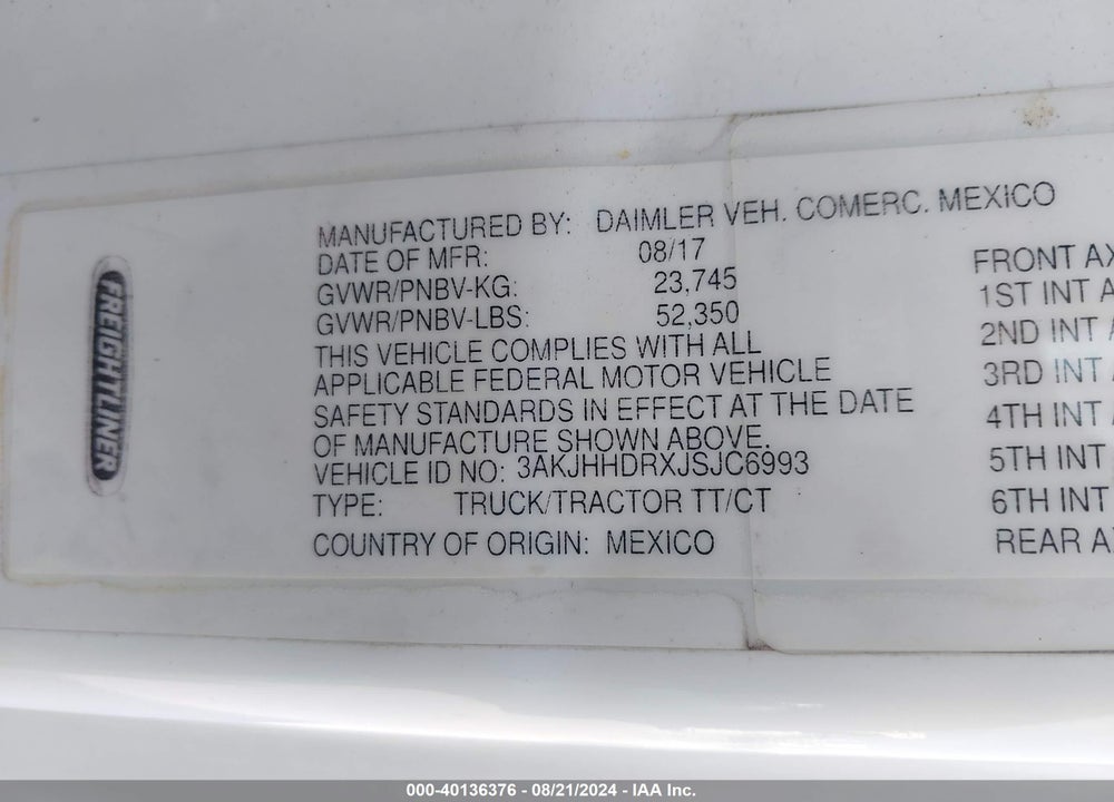 2018 FREIGHTLINER NEW CASCADIA 126 VIN: 3AKJHHDRXJSJC6993