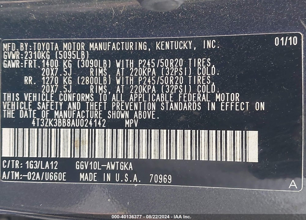 2010 TOYOTA VENZA BASE V6 VIN: 4T3ZK3BB8AU024142