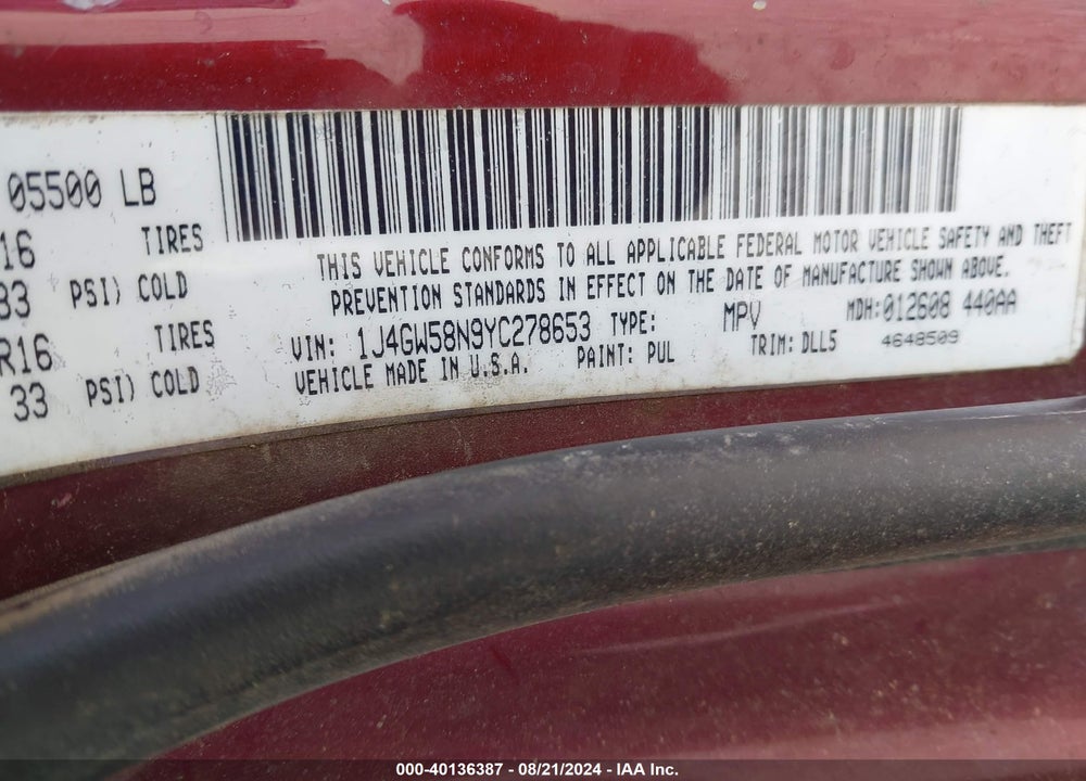 2000 JEEP GRAND CHEROKEE LIMITED VIN: 1J4GW58N9YC278653
