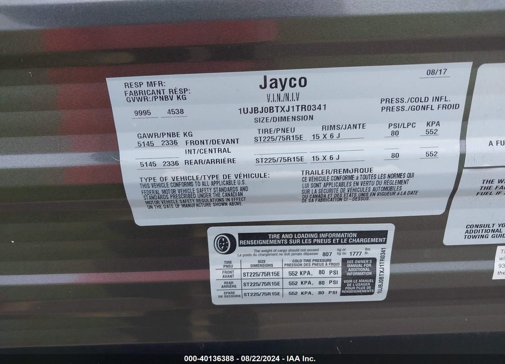 2018 JAYCO JAY FLIGHT TRAVEL TRAILER VIN: 1UJBJ0BTXJ1TR0341