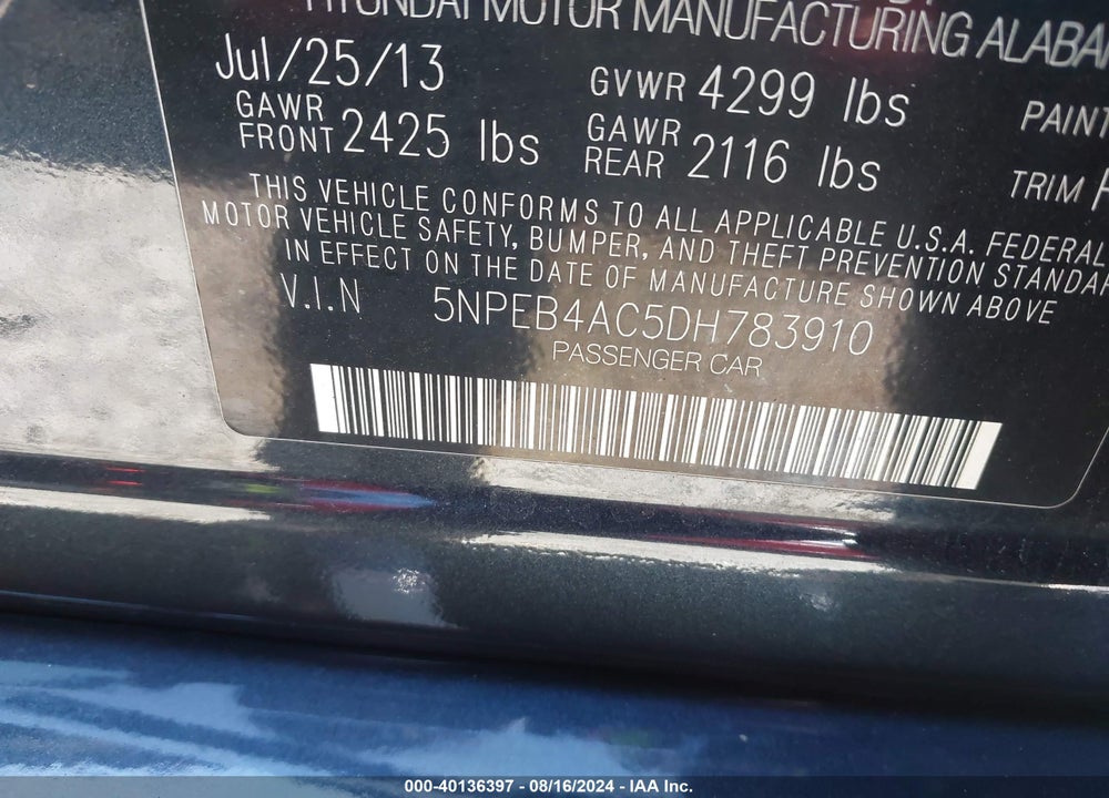 2013 HYUNDAI SONATA GLS VIN: 5NPEB4AC5DH783910