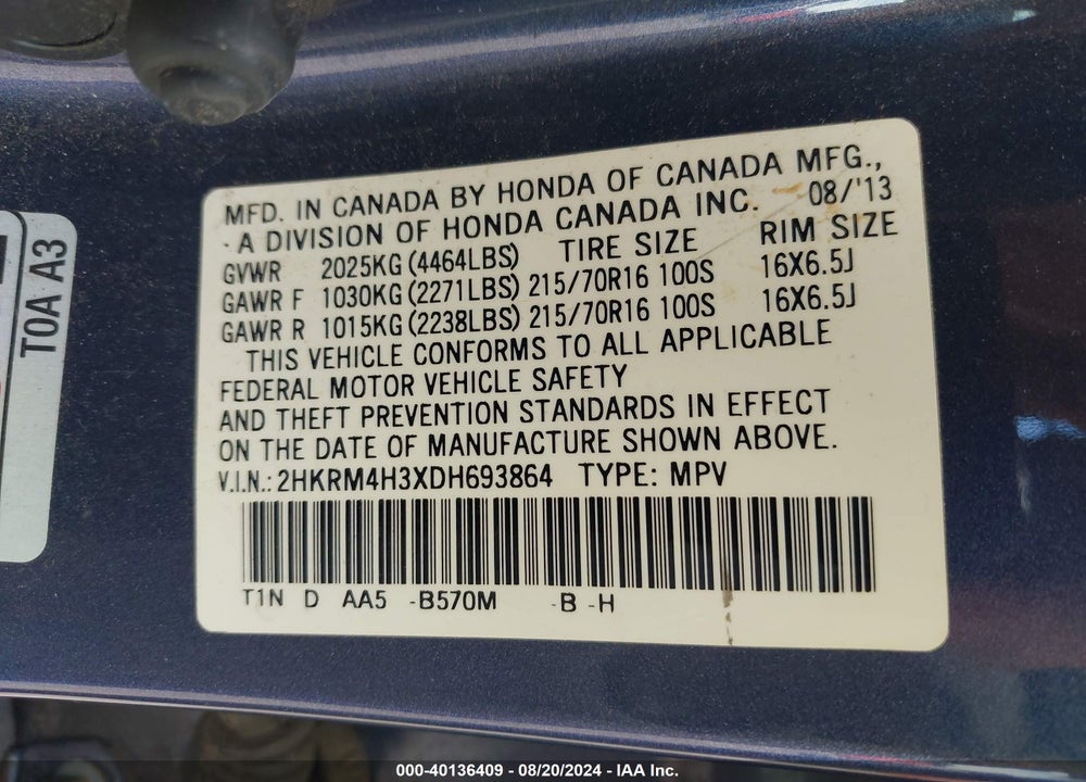 2013 HONDA CR-V LX VIN: 2HKRM4H3XDH693864