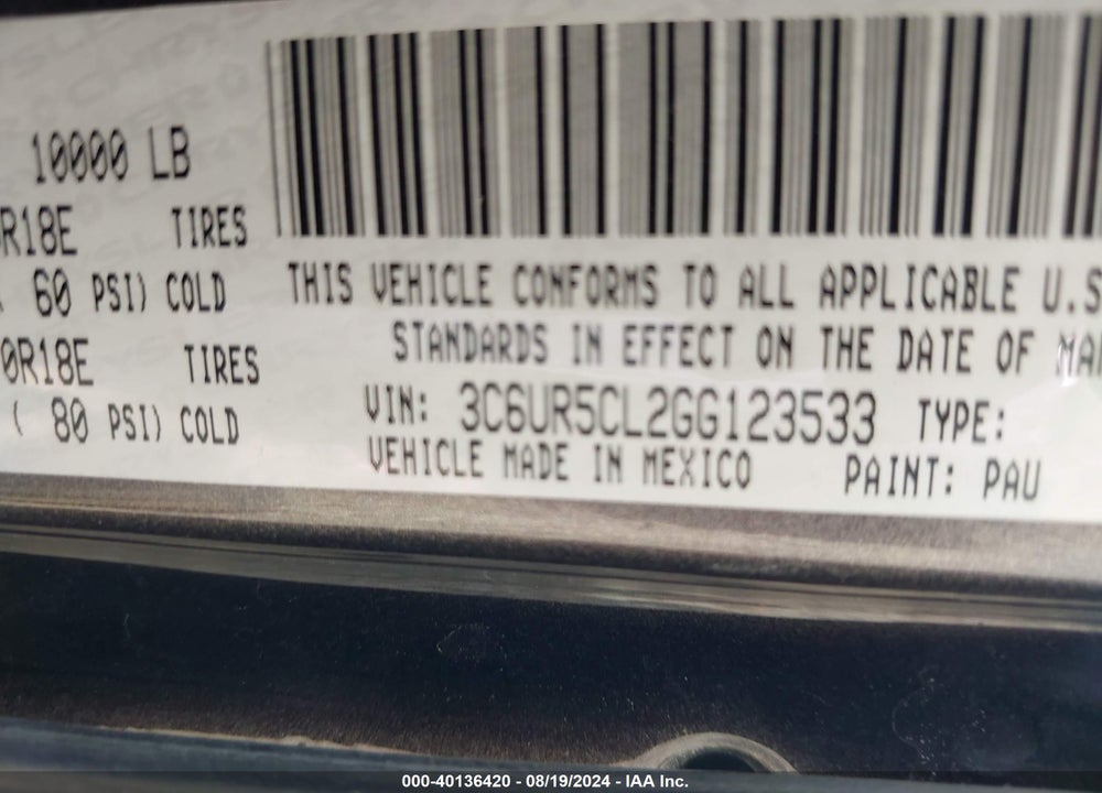 2016 RAM 2500 TRADESMAN VIN: 3C6UR5CL2GG123533