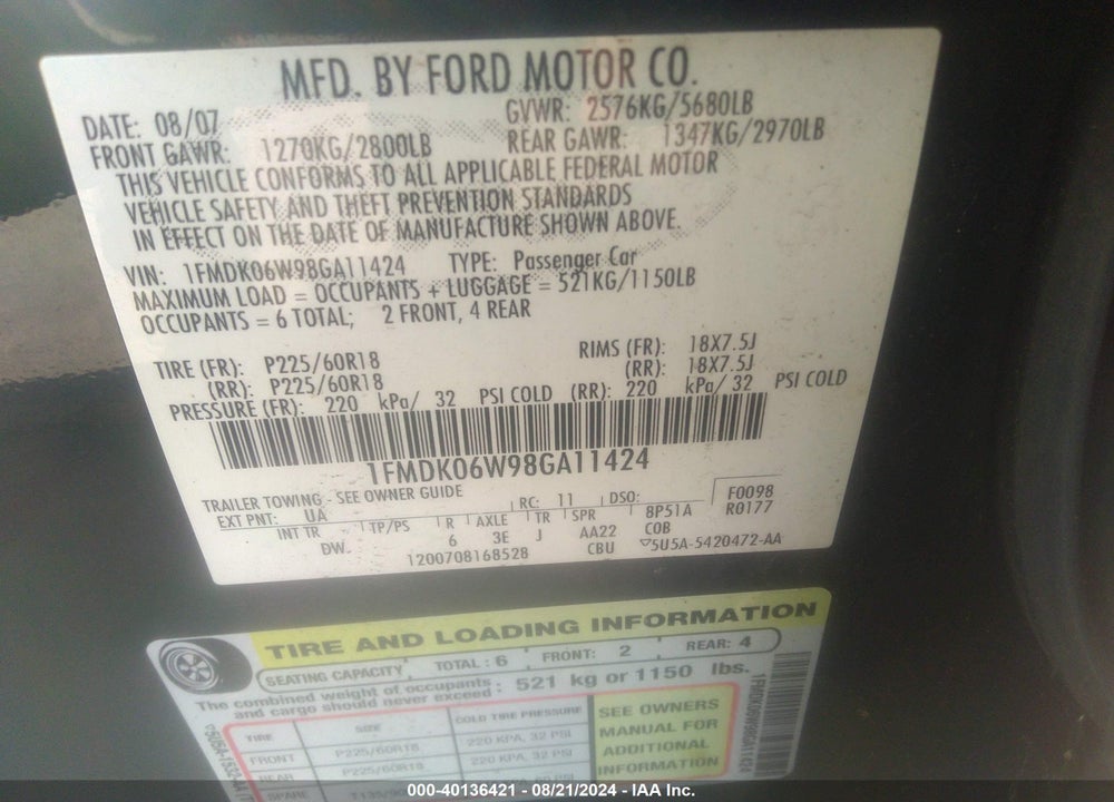 2008 FORD TAURUS X LIMITED VIN: 1FMDK06W98GA11424