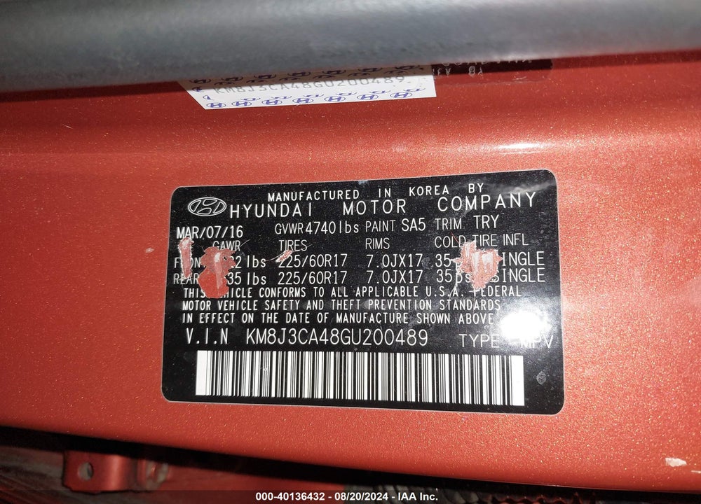2016 HYUNDAI TUCSON SE VIN: KM8J3CA48GU200489