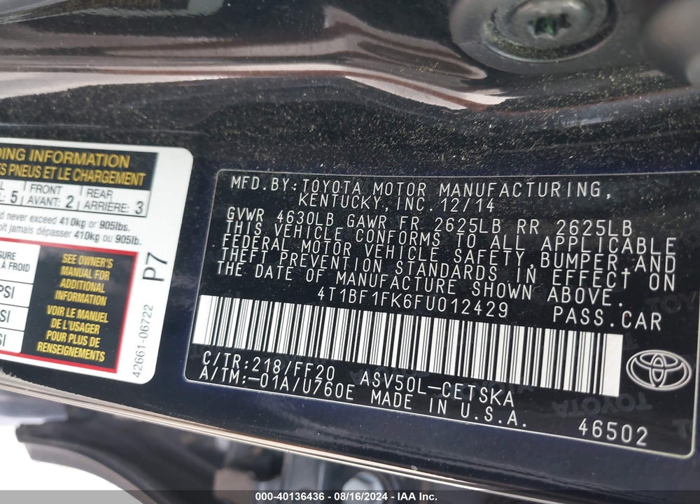 2015 TOYOTA CAMRY SE VIN: 4T1BF1FK6FU012429