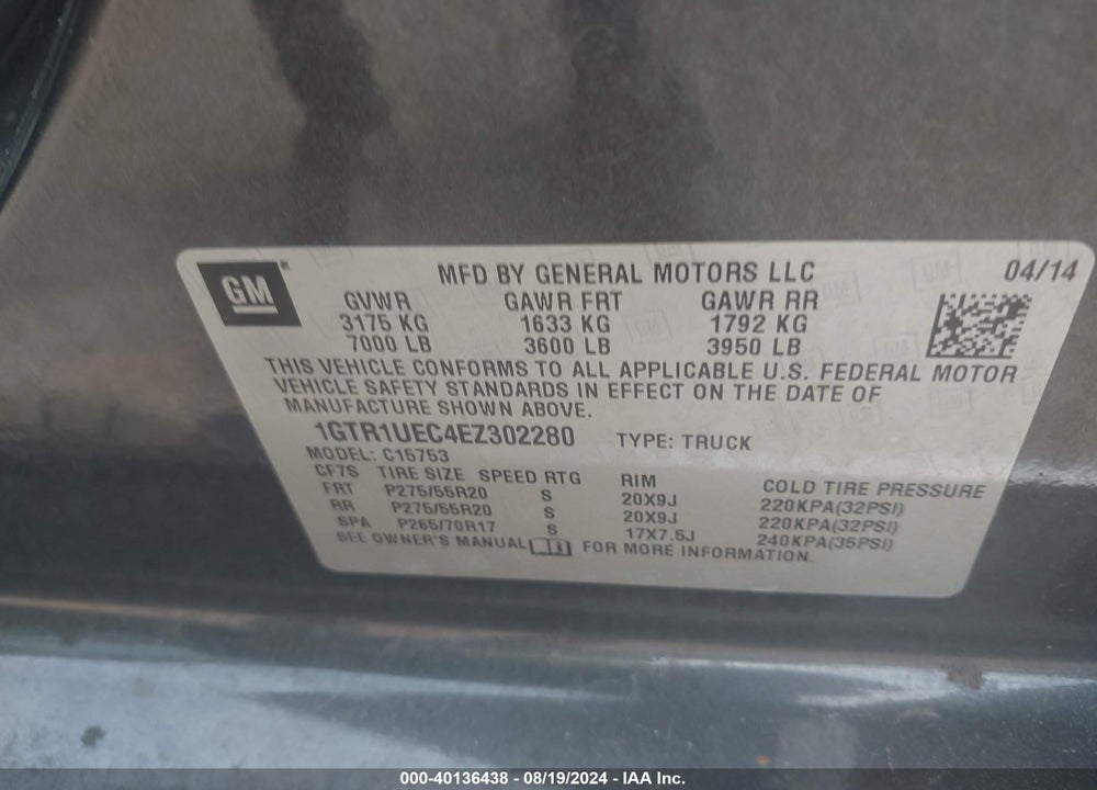 2014 GMC SIERRA 1500 SLE VIN: 1GTR1UEC4EZ302280