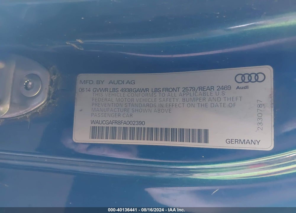 2015 AUDI S5 3.0T PREMIUM PLUS VIN: WAUCGAFR8FA002390