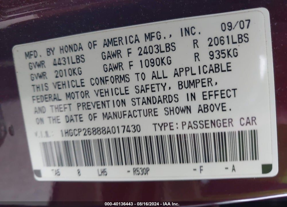 2008 HONDA ACCORD 2.4 EX-L VIN: 1HGCP26888A017430