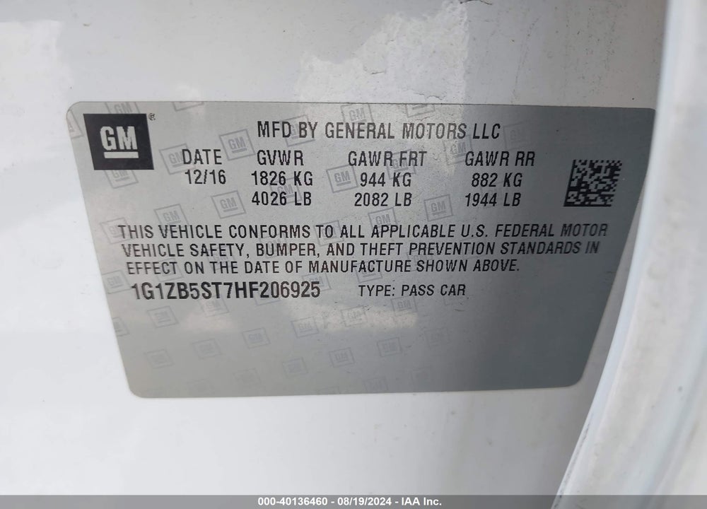 2017 CHEVROLET MALIBU LS VIN: 1G1ZB5ST7HF206925