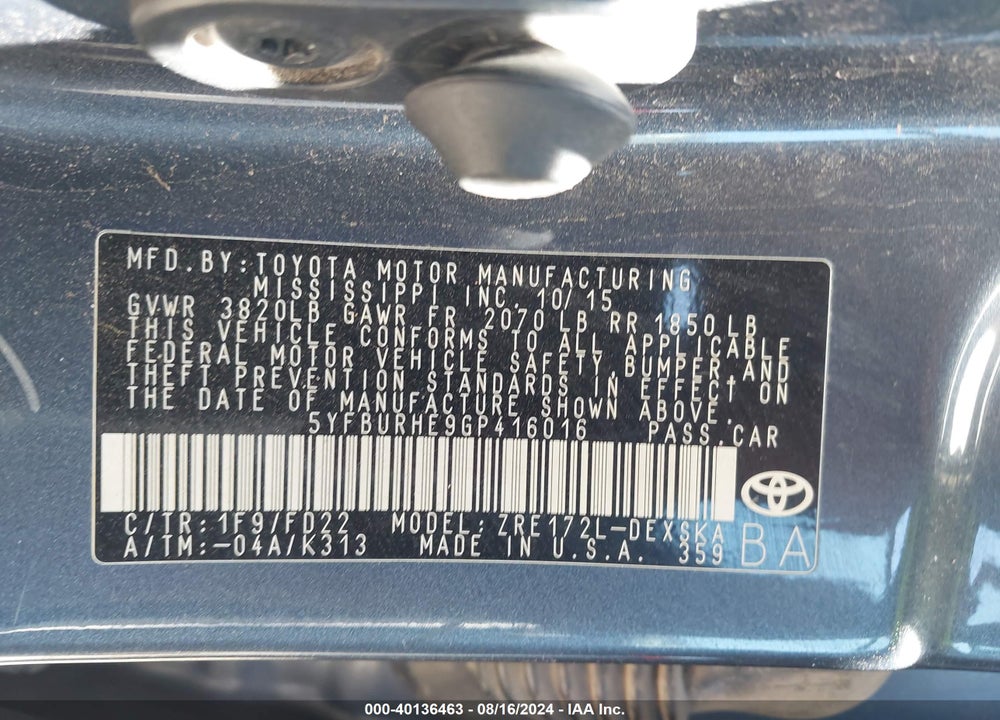 2016 TOYOTA COROLLA S PLUS VIN: 5YFBURHE9GP416016