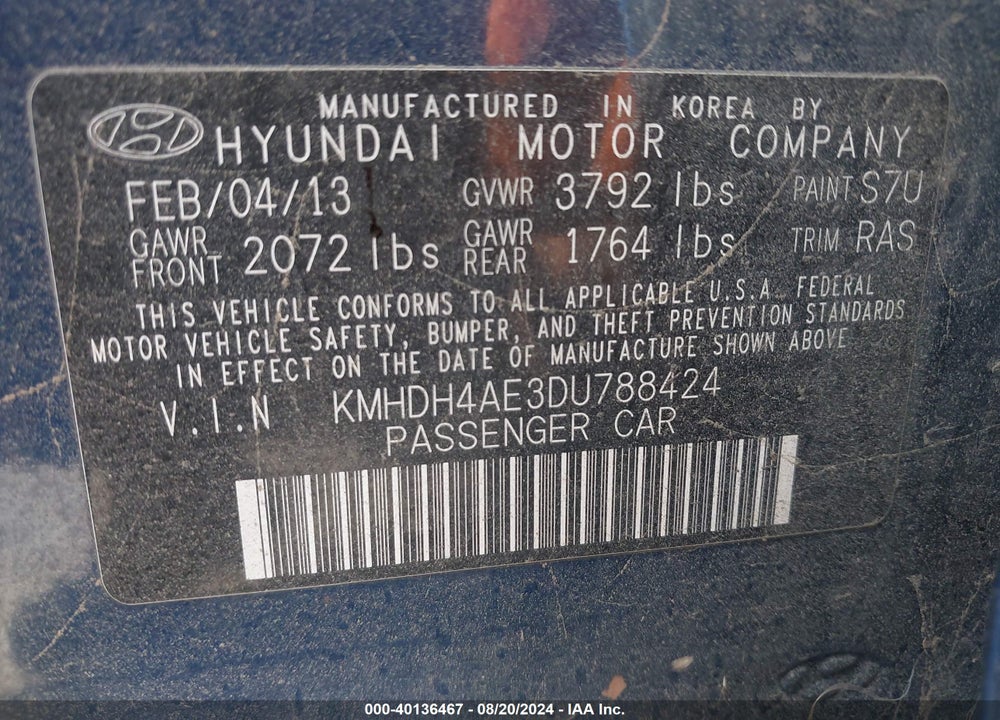 2013 HYUNDAI ELANTRA GLS VIN: KMHDH4AE3DU788424