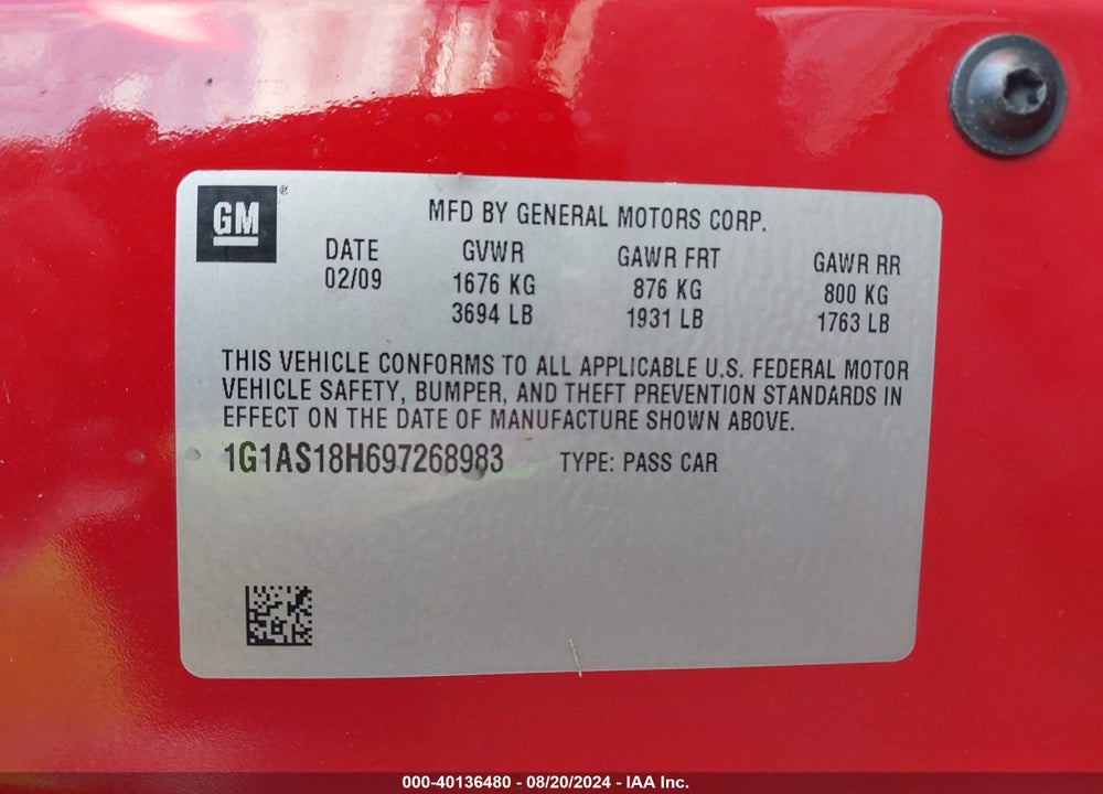 2009 CHEVROLET COBALT LS VIN: 1G1AS18H697268983