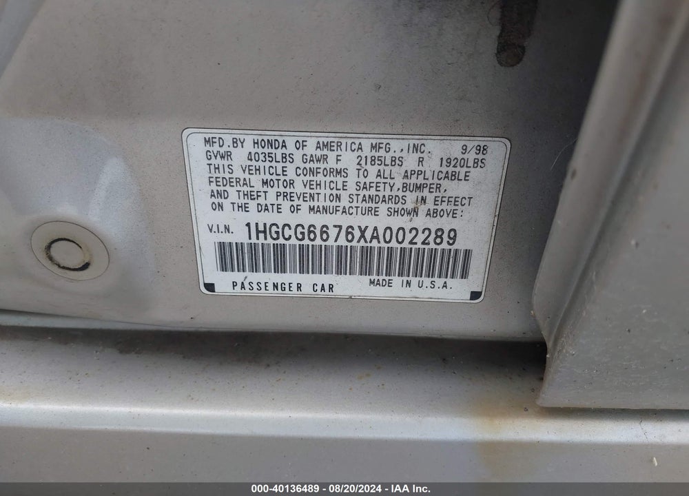 1999 HONDA ACCORD EX VIN: 1HGCG6676XA002289