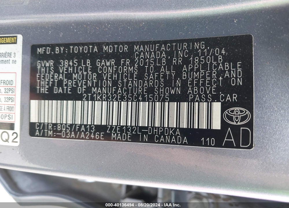 2005 TOYOTA MATRIX VIN: 2T1KR32E35C415075