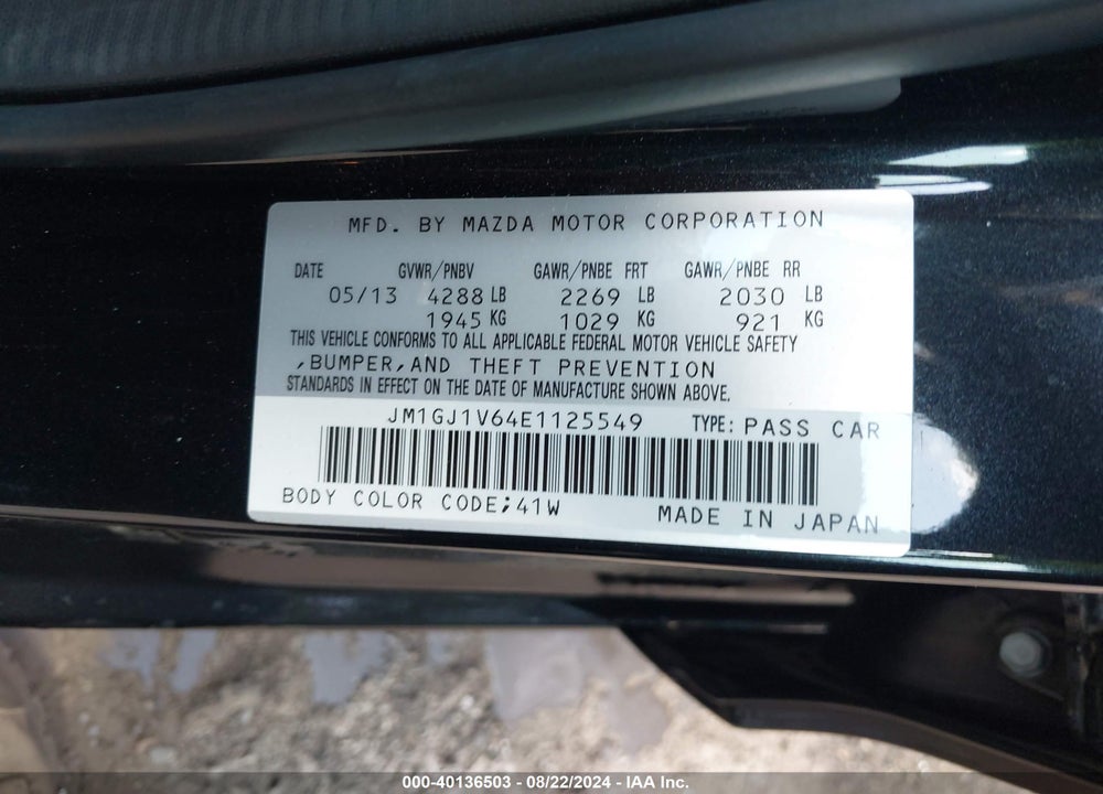 2014 MAZDA 6 I TOURING VIN: JM1GJ1V64E1125549