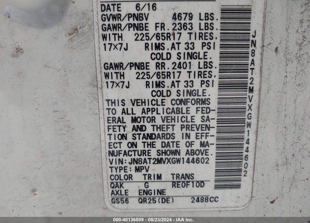2016 NISSAN ROGUE S VIN: JN8AT2MVXGW144602