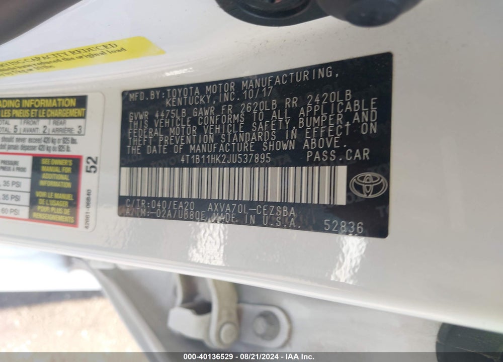 2018 TOYOTA CAMRY SE VIN: 4T1B11HK2JU537895