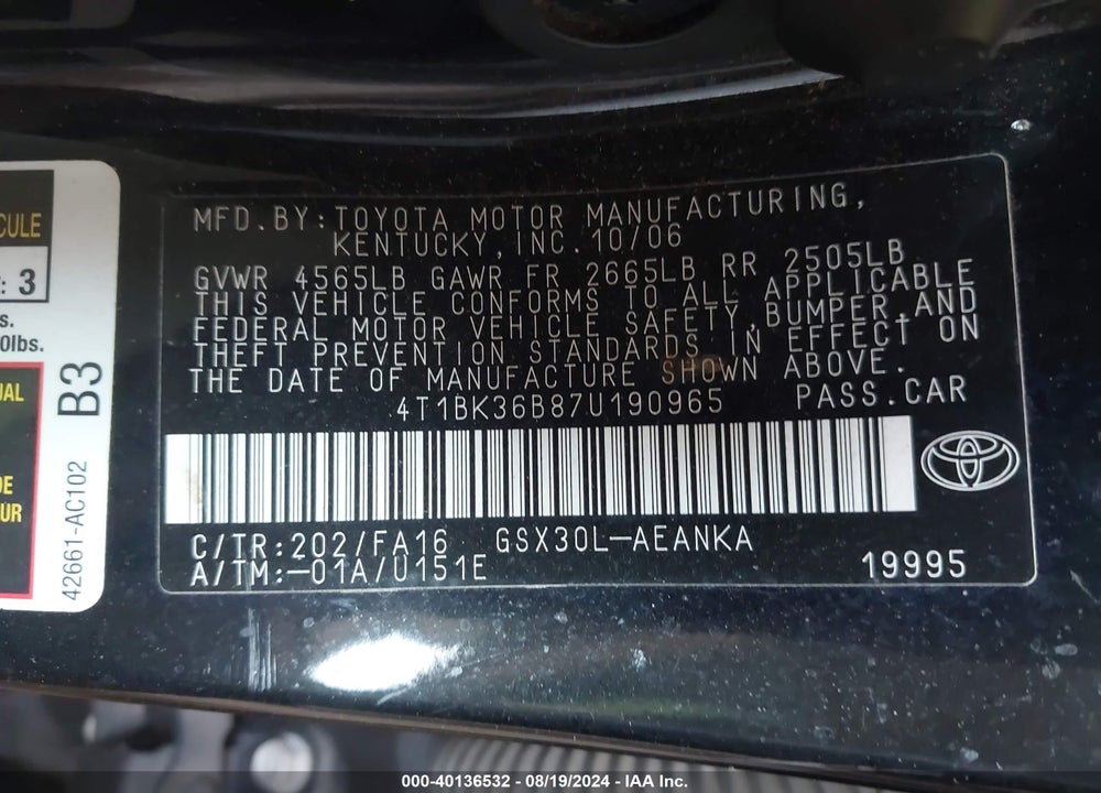 2007 TOYOTA AVALON XL VIN: 4T1BK36B87U190965