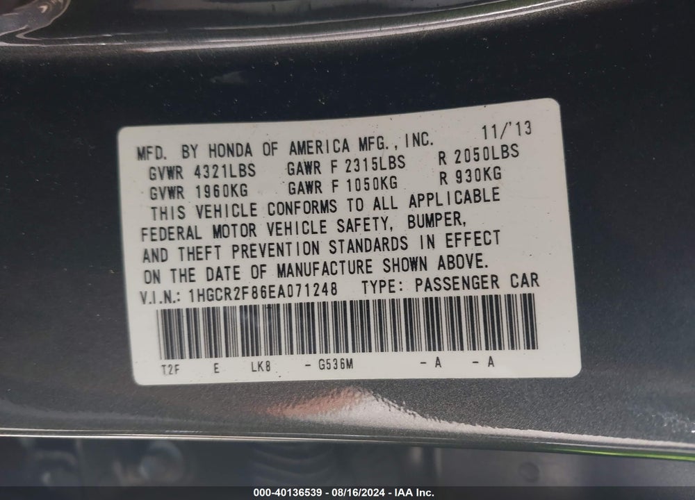2014 HONDA ACCORD EX-L VIN: 1HGCR2F86EA071248