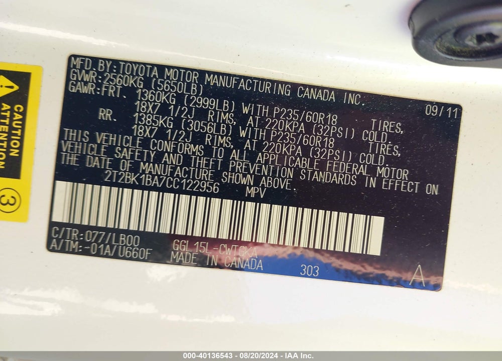 2012 LEXUS RX 350 VIN: 2T2BK1BA7CC122956