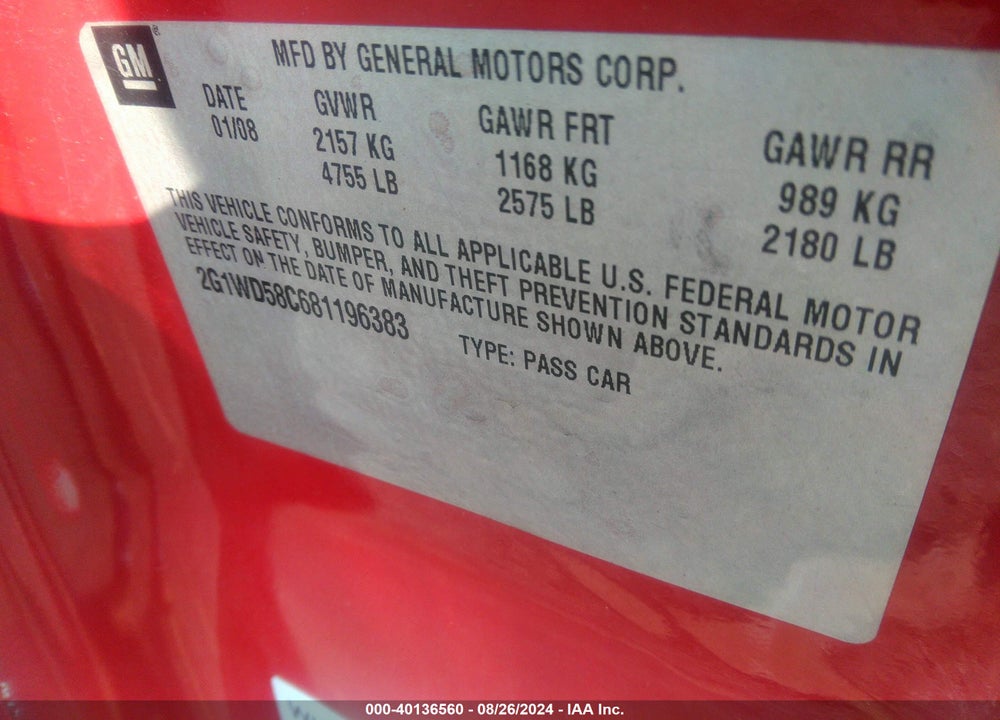 2008 CHEVROLET IMPALA  SS VIN: 2G1WD58C681196383