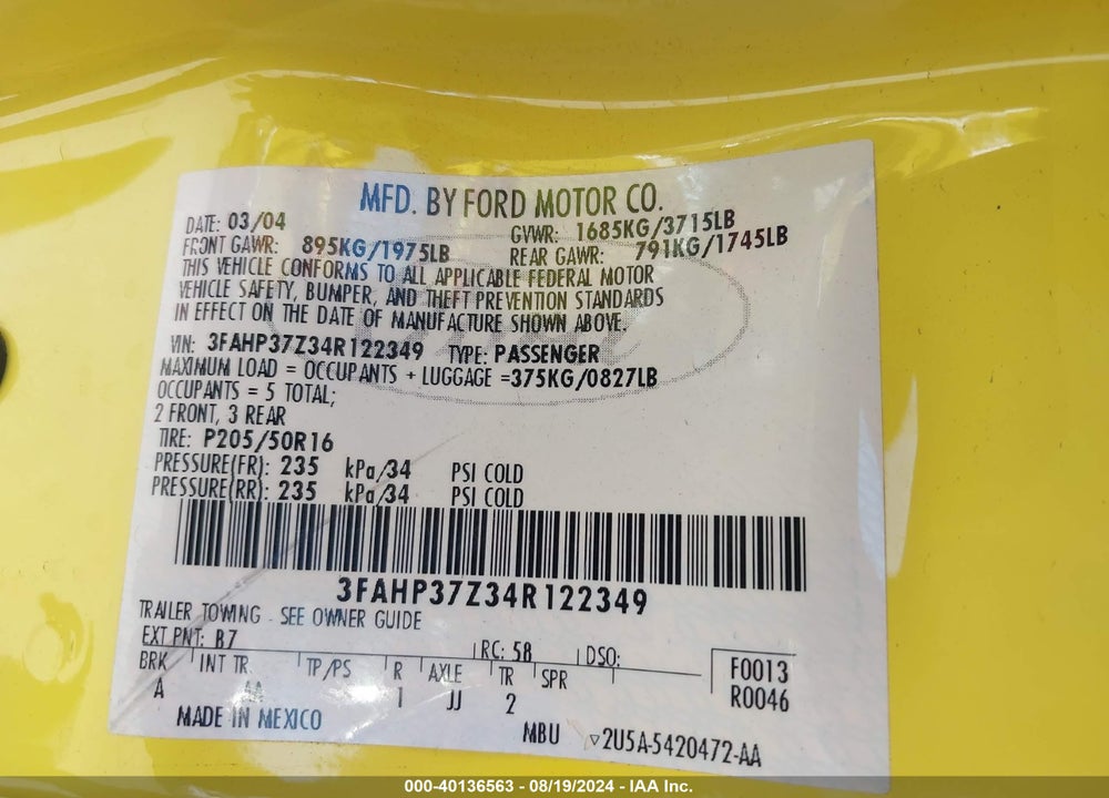 2004 FORD FOCUS ZX5 VIN: 3FAHP37Z34R122349