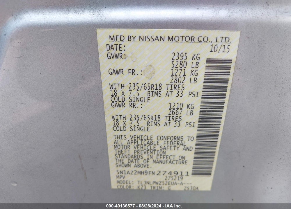 2015 NISSAN MURANO S VIN: 5N1AZ2MH9FN274911