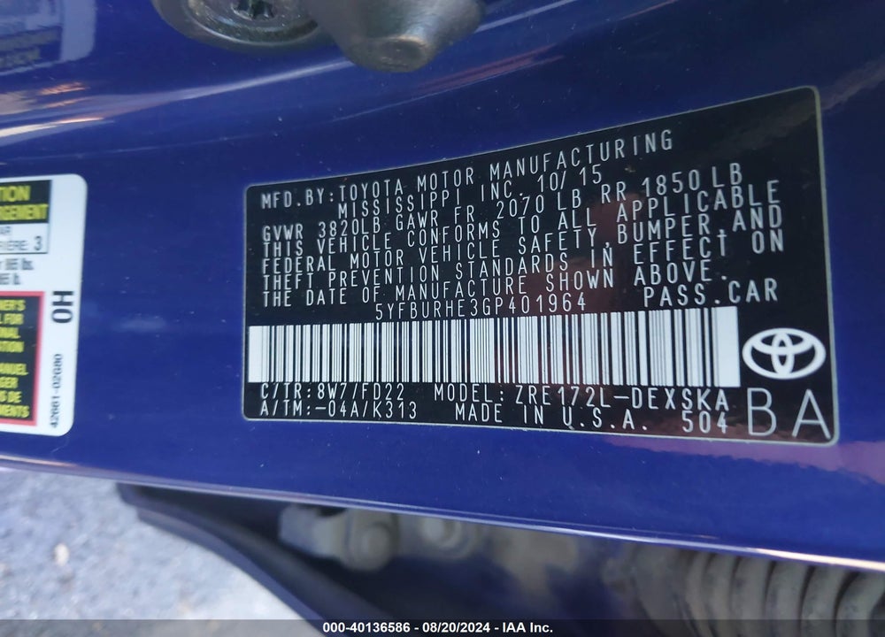 2016 TOYOTA COROLLA S PLUS VIN: 5YFBURHE3GP401964