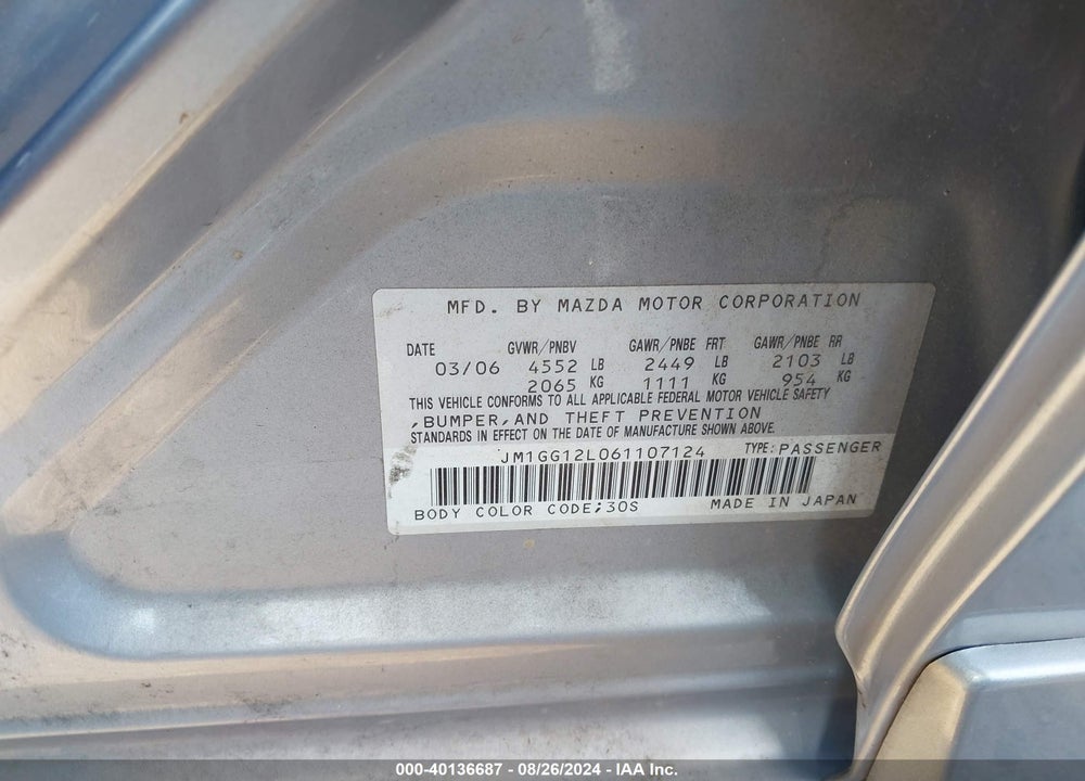 2006 MAZDA SPEED6 GRAND TOURING VIN: JM1GG12L061107124