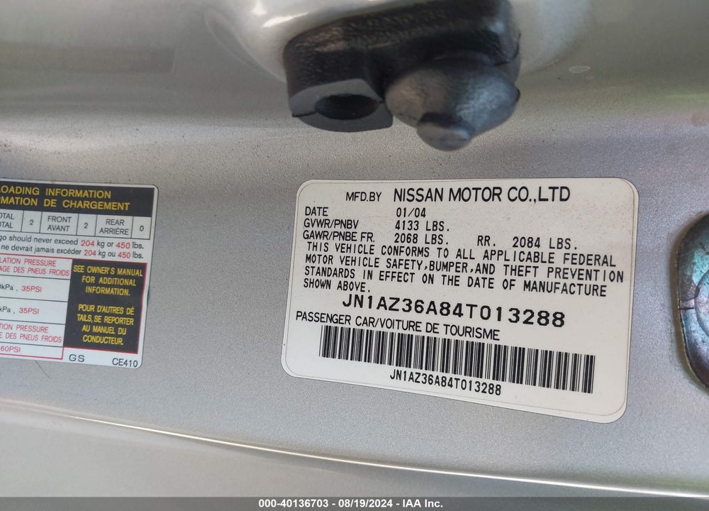 2004 NISSAN 350Z TOURING VIN: JN1AZ36A84T013288